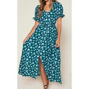 Outerknown Kira Dress Riviera Esalen Bloom XS Green Blue Floral Puff Sleeve